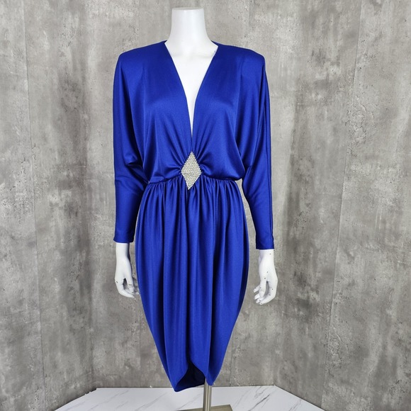 Vintage 80s Climax David Howard 3/4‎ Royal Blue Batwing Cocktail Disco Tulip Hem - Picture 1 of 11